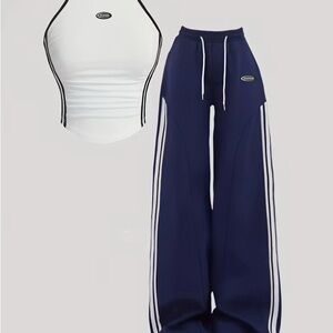 Unbranded Navy Wide-Leg Track Pants with White Stripes